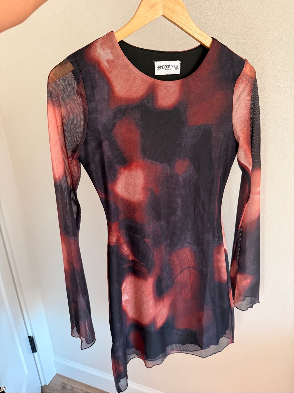 Princess Polly Black and Red Sheer Long Sleeve Mesh Dress